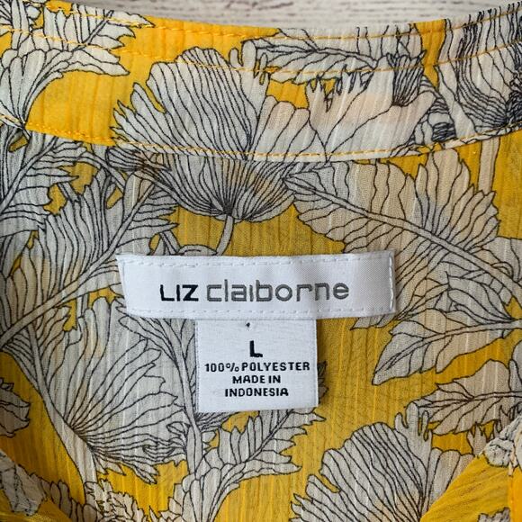 Liz Claiborne Yellow Sketch Floral Blouse Sheer Long Roll Tab Sleeves Size L - Picture 10 of 16